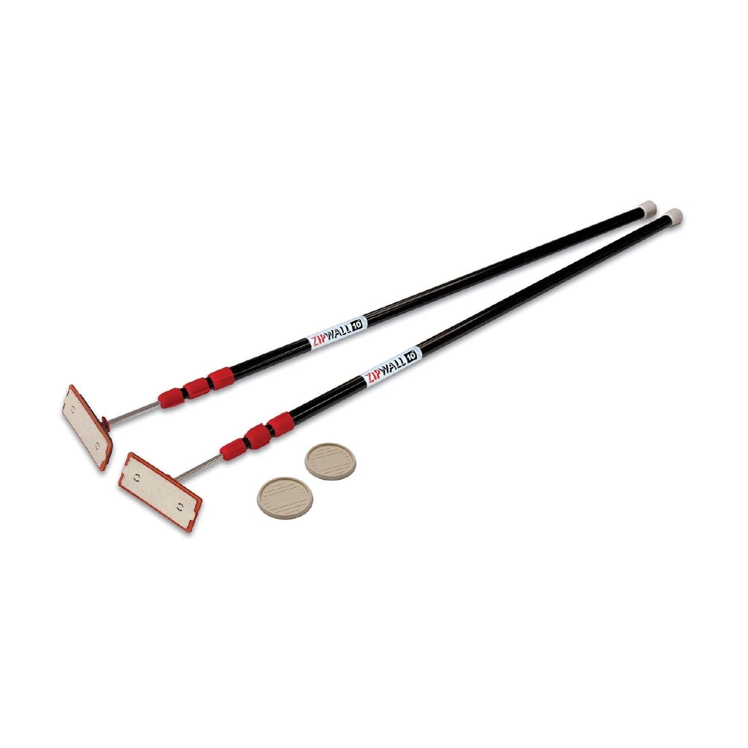 The ZIPWALL ZP2 Residential Dust Barrier 10 ft. Zip Poles (2-Pack) features two black, extendable poles with red accents and rectangular ends, ideal for lifting or holding objects, made of durable stainless steel and includes two round discs.